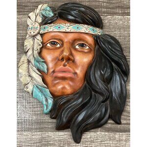Vtg Native American Ceramic Hand Painted 3D Female Mask Wall Hanging